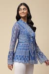 Shop_Aarke Ritu Kumar_Blue 100% Polyester Printed Geometric Mandarin Collar Top For Women_Online_at_Aza_Fashions