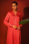 Shop_Shetab Kazmi_Red Modal Satin Printed Floral Digital Mandarin Collar Kurta Pant Set _Online_at_Aza_Fashions