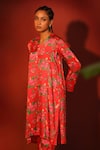 Shetab Kazmi_Red Modal, Satin V-neck Floral Print Tunic And Pant Set _Online_at_Aza_Fashions