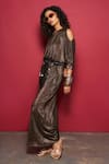 Buy_Style Junkiie_Brown Metallic Crushed Embellished One Shoulder Jumpsuit  _Online_at_Aza_Fashions