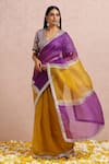 Label Nitika_Yellow Organza Hand Embroidered Gota V Color Block Saree With Blouse _Online_at_Aza_Fashions
