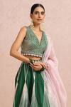 Shop_Label Nitika_Green Madras Silk Hand Embroidered Gota V Neck Lehenga Set  _Online_at_Aza_Fashions