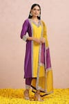 Label Nitika_Yellow Chanderi Hand Embroidered Gota And Sequin Work V Neck Color Block Kurta Set _Online_at_Aza_Fashions