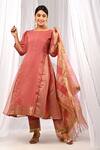 The Home Affair_Peach Chanderi, Cotton Fringe Boat Neck Pure Striped Pattern A-line Kurta Set _at_Aza_Fashions