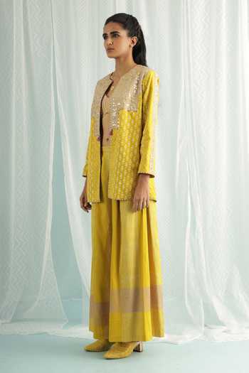 Surbhi Gupta_Yellow Cotton, Silk Sequins, Beads Canary Kai Geometric Print Jacket Palazzo Set _Online_at_Aza_Fashions