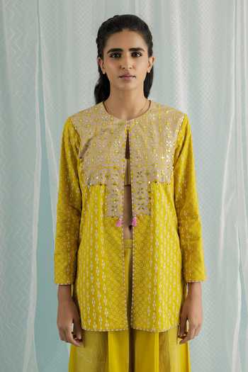 Buy_Surbhi Gupta_Yellow Cotton, Silk Sequins, Beads Canary Kai Geometric Print Jacket Palazzo Set _Online_at_Aza_Fashions
