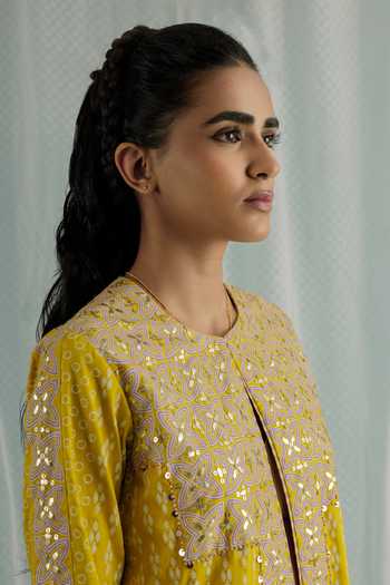 Shop_Surbhi Gupta_Yellow Cotton, Silk Sequins, Beads Canary Kai Geometric Print Jacket Palazzo Set _Online_at_Aza_Fashions