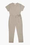 Reistor_Beige Poplin V Neck Solid Front Tie-up Jumpsuit  _Online_at_Aza_Fashions