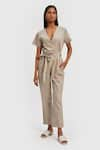 Buy_Reistor_Beige Poplin V Neck Solid Front Tie-up Jumpsuit  _Online_at_Aza_Fashions