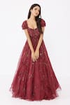 Sartoriale_Wine Organza (100% Silk) Embroidered Floral Sweetheart Neck Ball Gown  _Online_at_Aza_Fashions