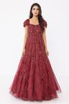 Shop_Sartoriale_Wine Organza (100% Silk) Embroidered Floral Sweetheart Neck Ball Gown  _Online_at_Aza_Fashions