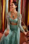 Shop Label Sanya Gulati Green Satin, Georgette Embroidery, Sequins, Pearls Floral Cape With Sharara Set Online at Aza Fashions Shop_Label Sanya Gulati_Green Satin, Georgette Embroidery, Sequins, Pearls Floral Cape With Sharara Set _Online_at_Aza_Fashions