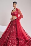 Seema Gujral_Red Net Embroidered Sequins Notched Bridal Lehenga Set  _at_Aza_Fashions