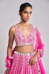 Seema Gujral_Fuchsia Raw Silk Mirror Plunge V Neck Work Lehenga Set _Online_at_Aza_Fashions