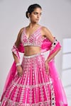 Buy_Seema Gujral_Fuchsia Raw Silk Mirror Plunge V Neck Work Lehenga Set _Online_at_Aza_Fashions