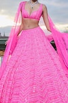 Shop_Seema Gujral_Pink Net Embroidery Sequin Neon Chevron Pattern Bridal Lehenga Set 