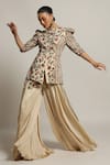 Shop_Sejal Kamdar_Beige Gajji Silk Embellished Cut Pipe Draped Jacket And Flared Pant Set  _Online_at_Aza_Fashions