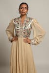 Sejal Kamdar_Beige Gajji Silk And Georgette Embroidery Floral Balloon Sleeve Dress  _Online_at_Aza_Fashions