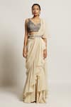 Sejal Kamdar_Beige Organza Embroidery Cutdana Scallop Ruffle Pant Saree With Blouse _Online_at_Aza_Fashions