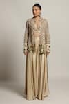 Sejal Kamdar_Beige Gajji Silk Embellished Pipe Jacket Stripe Flared Pant Set  _Online_at_Aza_Fashions