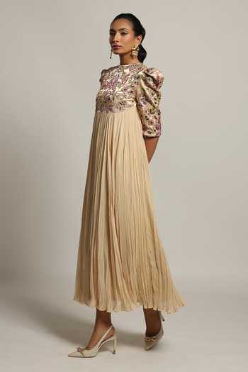 Sejal Kamdar_Beige Gajji Silk Embroidery Cut Pipe Round Yoke Gathered Dress _at_Aza_Fashions