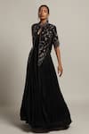 Sejal Kamdar_Black Gajji Silk Embellished Cut Pipe Gown V Neck Gathered With Short Jacket _Online_at_Aza_Fashions