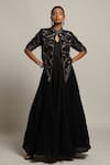 Buy_Sejal Kamdar_Black Gajji Silk Embellished Cut Pipe Gown V Neck Gathered With Short Jacket _Online_at_Aza_Fashions