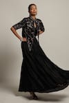 Shop_Sejal Kamdar_Black Gajji Silk Embellished Cut Pipe Gown V Neck Gathered With Short Jacket _Online_at_Aza_Fashions