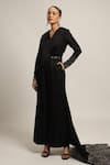 Shop_Sejal Kamdar_Black German Satin Embellished Cut Pipe V Neck Draped Jumpsuit _Online_at_Aza_Fashions