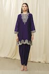 JAYANTI REDDY_Purple Silk Embroidery Aari Round Neckline Tunic Dhoti Pant Set  _at_Aza_Fashions