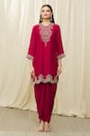 Shop_JAYANTI REDDY_Red Silk Embroidery Aari Round Scallop Hem Tunic Set  