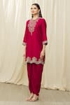 JAYANTI REDDY_Red Silk Embroidery Aari Round Scallop Hem Tunic Set  _Online_at_Aza_Fashions