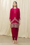 JAYANTI REDDY_Red Silk Embroidery Aari And Sequin Round Tunic Dhoti Pant Set  _Online_at_Aza_Fashions