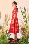 Shahin Mannan_Red Double Crepe Branch Pattern Round Tiny Corset Midi Dress_Online_at_Aza_Fashions