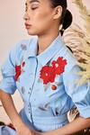 Shahin Mannan_Blue Double Crepe Blooming Flowers Button Down Dress_Online_at_Aza_Fashions