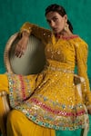 Shian_Yellow Georgette Embroidered Thread Mirror Peplum Kurta Sharara Set  _Online_at_Aza_Fashions