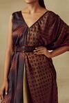 Shilpi Gupta_Brown Armani Satin Printed Geometric V Neck Dress With Belt  _Online_at_Aza_Fashions