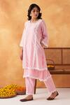 Shipraa Grover_Pink Mul Cotton Embroidered Resham Round Amina Tiered Kurta Pant Set _Online_at_Aza_Fashions