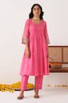 Shipraa Grover_Pink Chanderi Embroidery Round Neck Miha Kurta And Pant Set _Online_at_Aza_Fashions