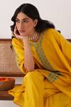 Shipraa Grover_Yellow Mal Chanderi Embroidered Floral V Neck Shia Kaftan And Pant Set _at_Aza_Fashions