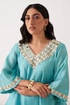 Shipraa Grover_Blue Chanderi Embroidery V-neck Zina Asymmetric Kurta And Pant Set _at_Aza_Fashions