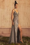 Buy_Shivani Awasty_Silver Poly Blend V Neck Roxanne Strappy Gown  _Online_at_Aza_Fashions