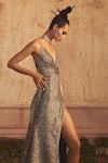 Shop_Shivani Awasty_Silver Poly Blend V Neck Roxanne Strappy Gown  _at_Aza_Fashions