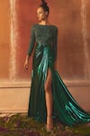 Shop_Shivani Awasty_Green Lame Embroidery Boat Selena Gown  _at_Aza_Fashions