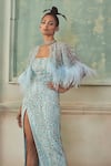 Shivani Awasty_Sky Blue Net Crystals, Feathers Square Neck Gown And Cape Set _Online_at_Aza_Fashions