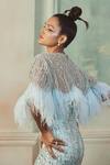 Buy_Shivani Awasty_Sky Blue Net Crystals, Feathers Square Neck Gown And Cape Set _Online_at_Aza_Fashions
