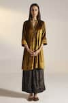 Buy_Shorshe Clothing_Gold Velvet Embroidery Floral Mandarin Collar Kurta And Printed Palazzo Set _at_Aza_Fashions