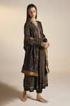 Shorshe Clothing_Black Kurta Chanderi Cotton Silk Hand Embroidery Floral V Sashiko And Pant _Online_at_Aza_Fashions