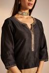 Shorshe Clothing_Black Chanderi Embroidery Notched Saifi Blouse _at_Aza_Fashions