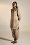 Shorshe Clothing_Grey Handloom Tissue Printed Stripe V Neck Kurta Set _Online_at_Aza_Fashions